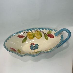 MC Ceramic Michele Favolose Rooster Vinetage Blue Cream Gravy Sauce Serving Boat